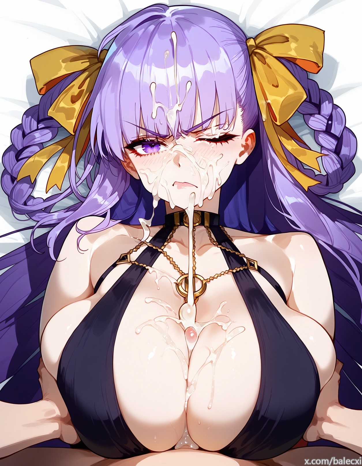 1boy, 1girls, ai generated, angry, balecxi, bb (fate), bb dubai (fate), blush, breast grab, breast squeeze, breasts, center opening, dress, fate (series), fate/grand order, female, frown, glaring, huge breasts, looking at viewer, male, on back, one eye closed, paizuri, paizuri under clothes, pov, purple eyes, purple hair