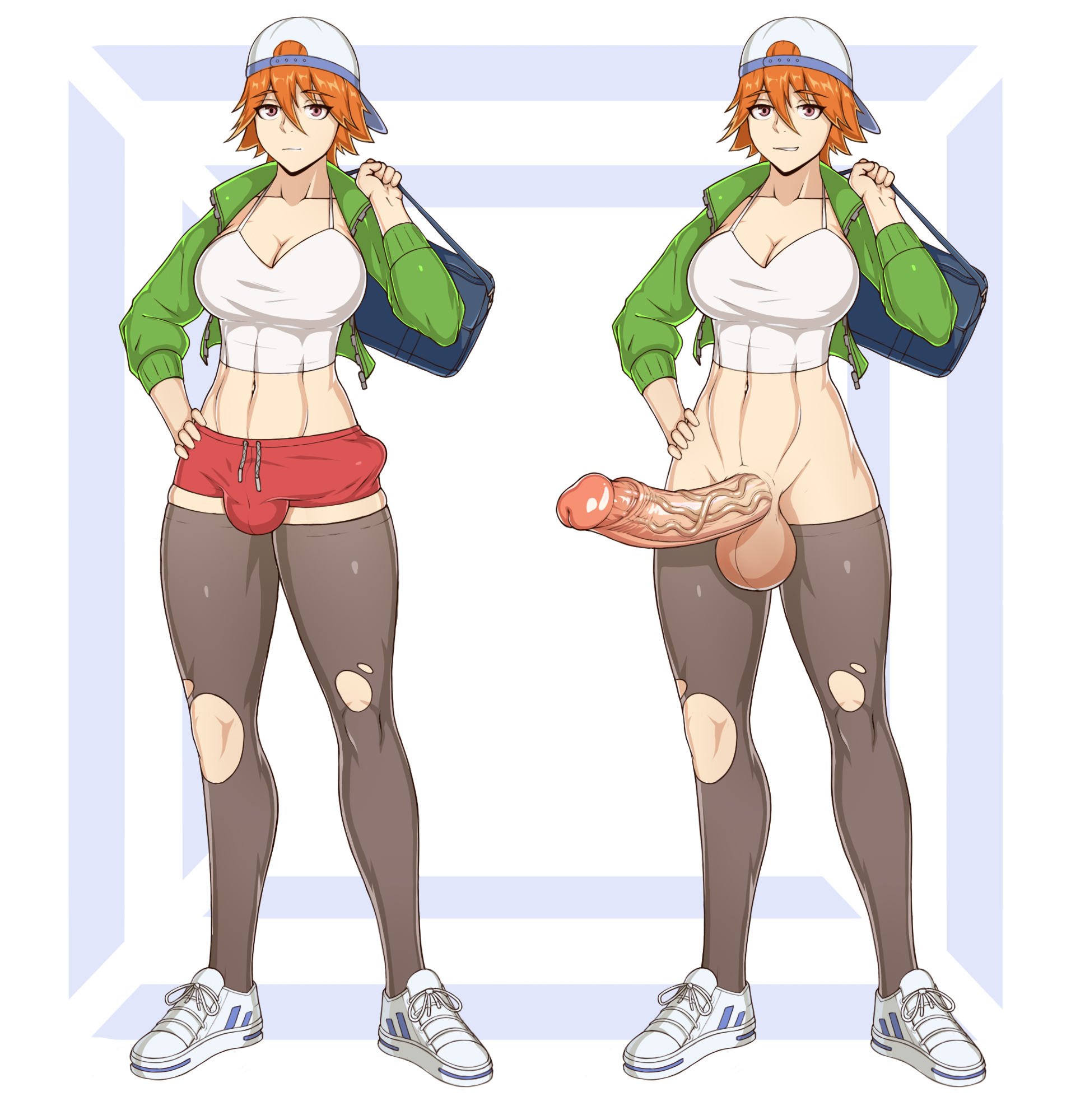 1futa, balls, big balls, big penis, breasts, bulge, cap, clothed, clothing, del6, erect nipples under clothes, erection, female, fully clothed, futa only, futanari, holding object, huge balls, huge cock, huge testicles, human, intersex, light skin, light-skinned futa, mostly clothed, navel, penis, standing, testicles, tomboy, veins, veiny penis