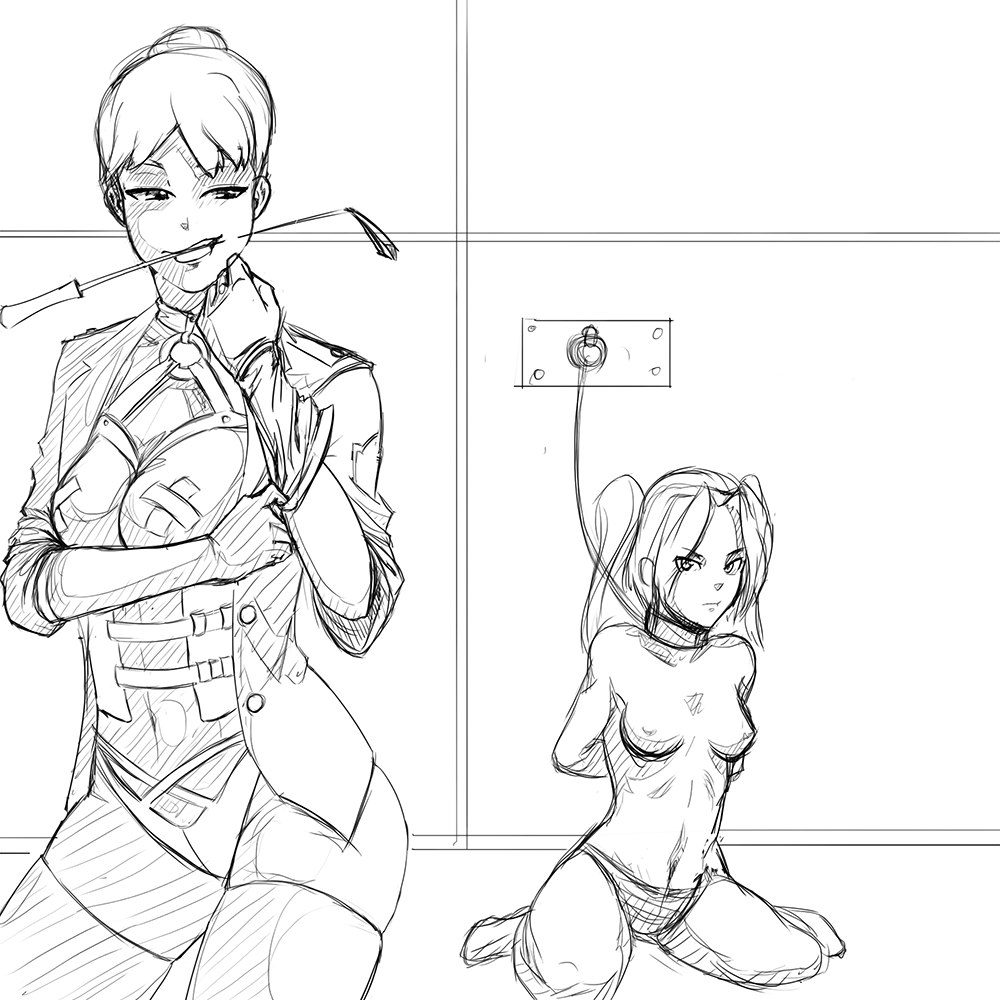 2ch.hk angry bare_breasts bondage chains clothing collar dispecher from_police_to_kids iichan.ru military_uniform monochrome multiple_girls mvd-tan nadejda nipples panties rough_sketch sketch uniform