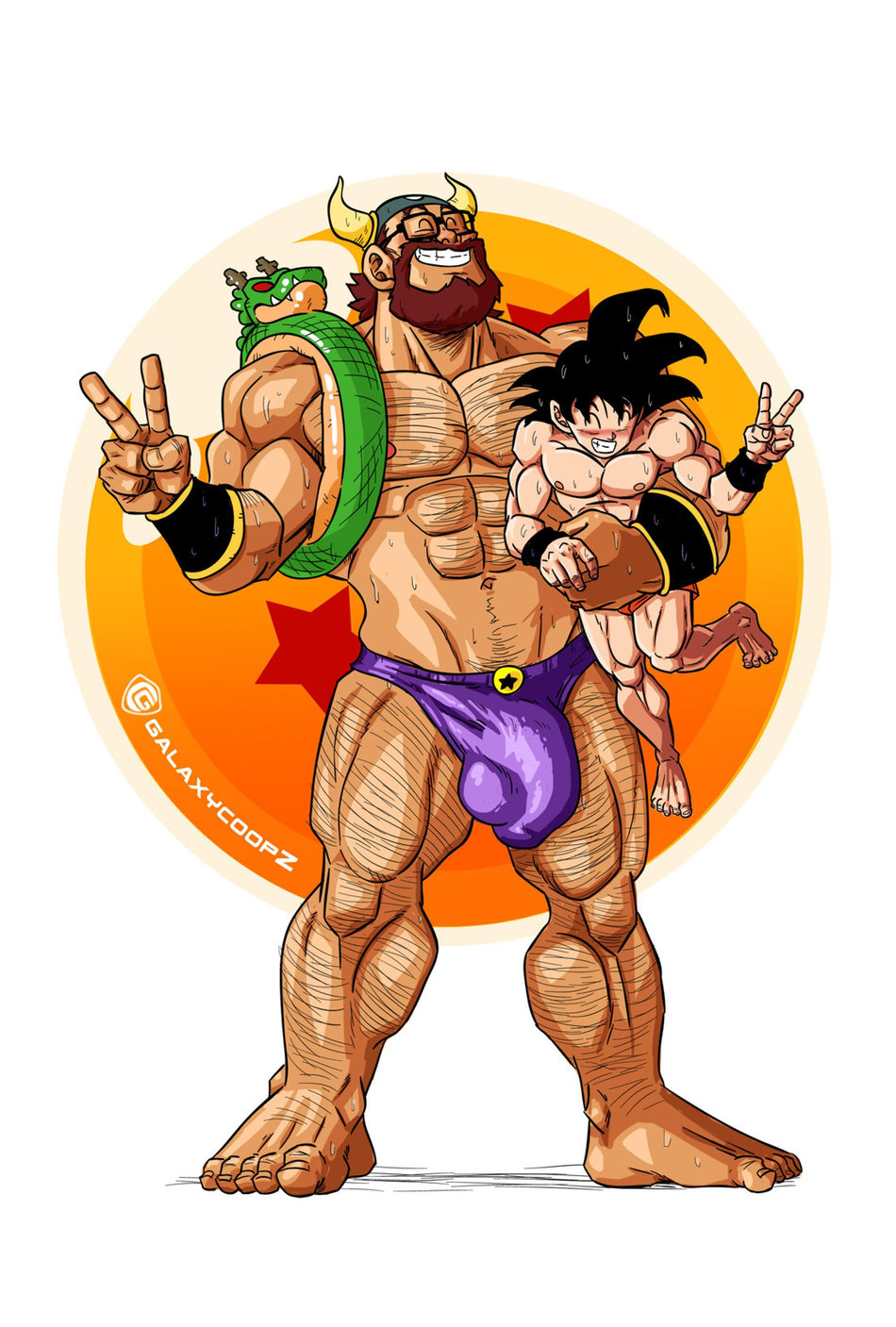 balls bara beard bulge dragon_ball dragon_ball_z facial_hair flaccid galaxycoop gay glasses horned_helmet male male_only muscles overweight ox_king peace_sign penis size_difference son_goku sweat sweating