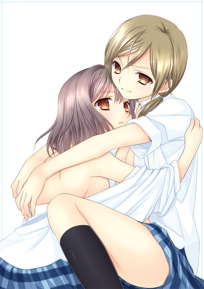 2girls arm arms arms_around_neck back bare_back bare_shoulders blonde_hair blush breasts brown_eyes female hug incest joshi_kousei looking_at_viewer multiple_girls naked_shirt naughty_face off_shoulder ooshima_towa open_clothes open_shirt partially_undressed plaid purple_hair school_uniform shirt short_hair shy siblings sideboob sisters sitting skirt smile socks suzuki_momoka suzuki_yuma tied_hair twintails yuri