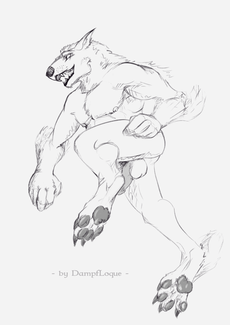 anthro ass balls canid canine canis dampfloque genitals male male_focus mammal nipples nude pawpads paws penis presenting video_games were werecanid werecanine werewolf wolf