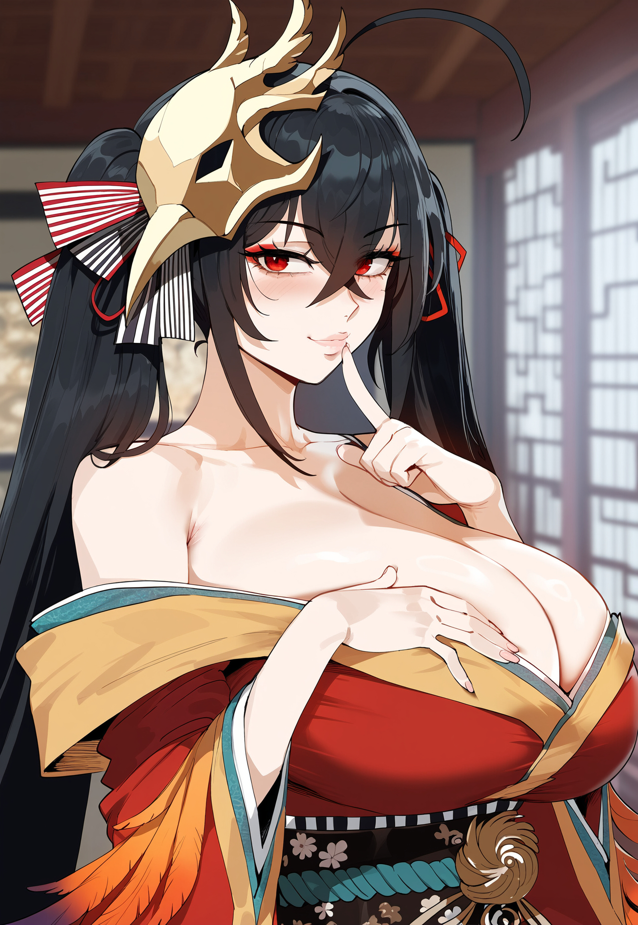1girls, ai generated, azur lane, black hair, breasts, cleavage, creamy ai, curvy, female, huge breasts, japanese clothes, kimono, long hair, red eyes, red kimono, solo, taihou (azur lane)