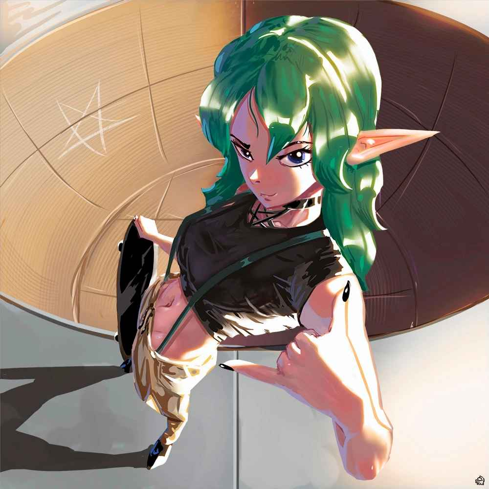 1girls choker clothed clothed_female elf elf_ears female gray_eyes green_hair grey_eyes hypermorphism_(artist) looking_at_viewer no_nude skateboard