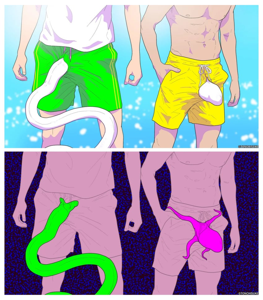 blowjob, creature, green skin, human, human penetrating, light-skinned male, male, penis, tentacle, tentacle monster, tonchisuke, underwater, water