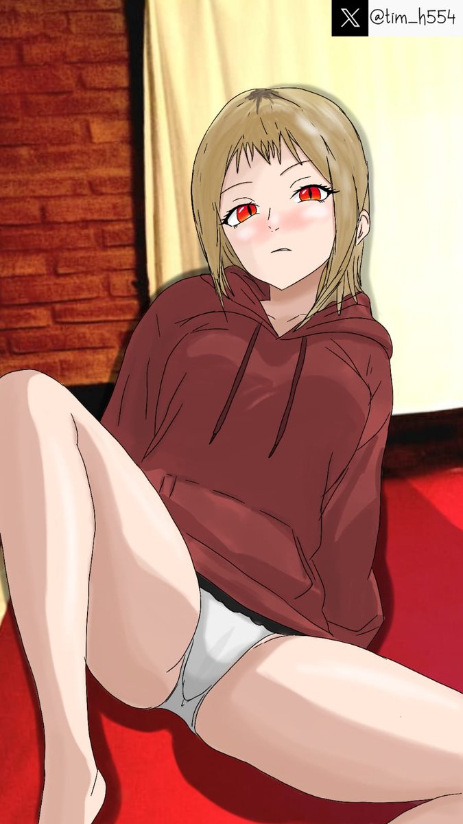 bedroom blonde_hair chainsaw_man embarrassed hoodie pointy_chin realistic_background red_eyes red_hoodie sawatari_akane shame snake_eyes tagme tim_heyderich underwear