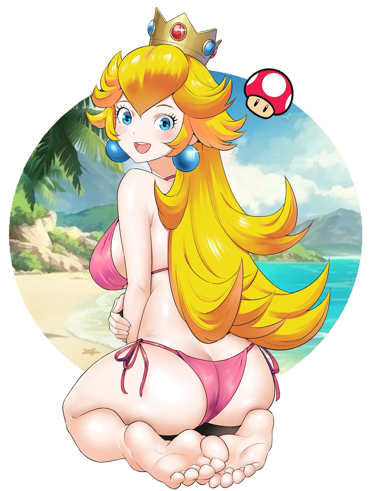 1girls ass beach big_ass big_breasts bikini blonde_hair blue_eyes blush breasts feet female igni_tion mario_(series) nintendo princess_peach solo solo_female super_mario_bros.