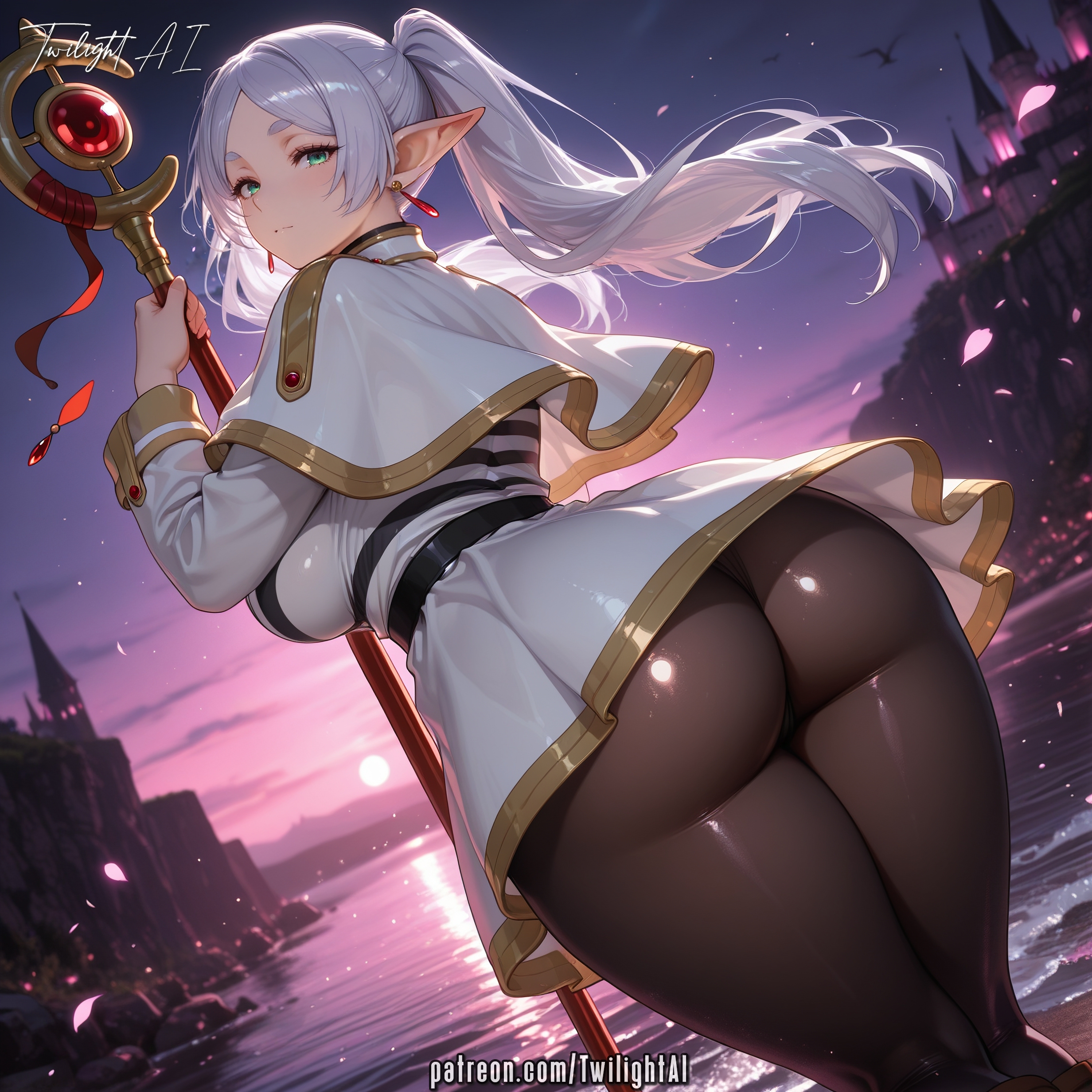 1girl, ai generated, alternate breast size, artist name, ass, black pantyhose, breasts, capelet, curvy, dangle earrings, earrings, elf, female, frieren, frieren beyond journey's end, from behind, green eyes, holding, holding staff, huge ass, jewelry, large breasts, long hair, long sleeves, looking at viewer, looking back, more at source, panties, pantyhose, parted bangs, patreon username, petals, pointy ears, sexy, solo, sousou no frieren, staff, thicc, thicc thighs, thick thighs, thighs, twilightai, twintails, underwear, white capelet, white hair