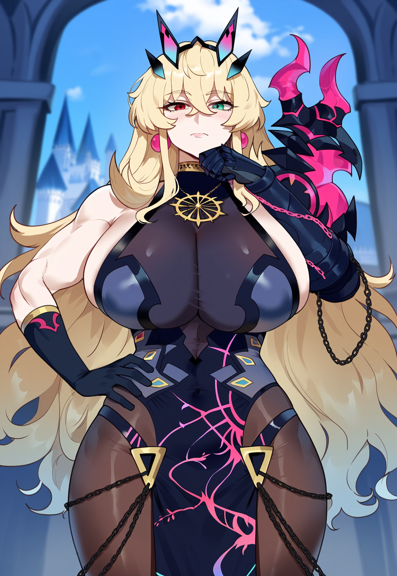 1girls, ai generated, barghest (gawain) (fate), black dress, blonde hair, breasts, cleavage, creamy ai, curvy, fate (series), fate/grand order, female, green eyes, heterochromia, huge breasts, long hair, pantyhose, red eyes, solo, thick thighs, toned, wide hips