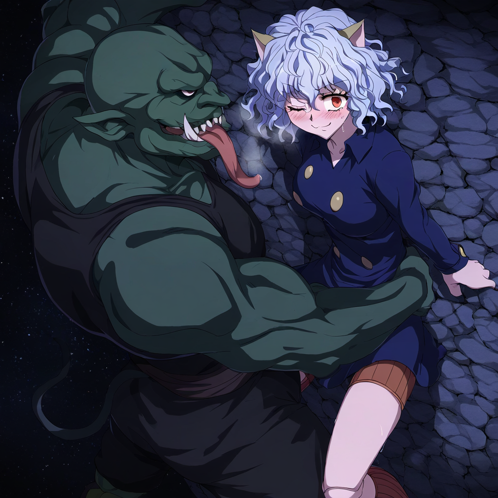 ai_generated cat_ears cat_tail catgirl cave goblin goblin_slayer green_skin hunter_x_hunter imminent_sex interracial interspecies light-skinned_female monster monster_girl neferpitou nekomimi netorare orc orc_male