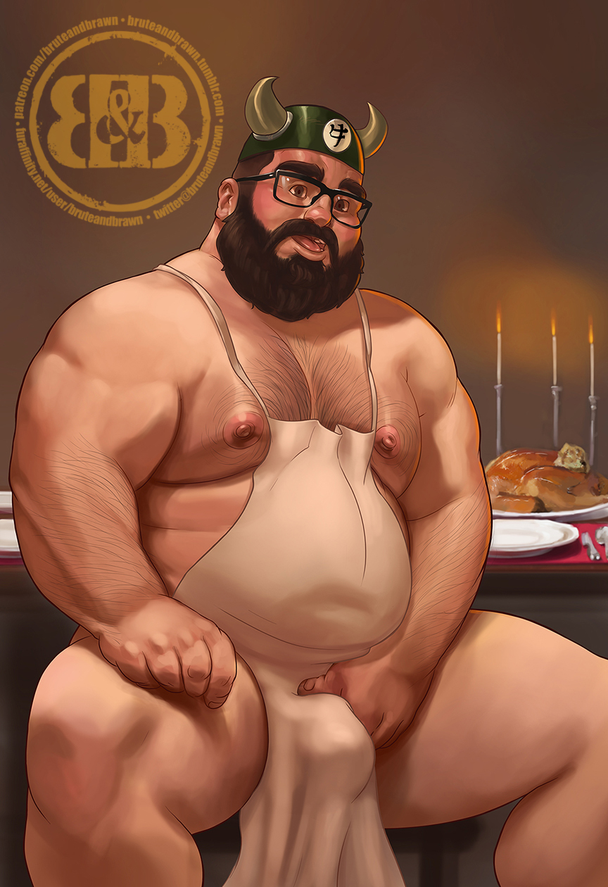 apron balls bara beard body_hair bruteandbrawn bulge dragon_ball dragon_ball_z facial_hair flaccid glasses horned_helmet male male_only muscles naked_apron overweight ox_king penis sitting solo solo_male