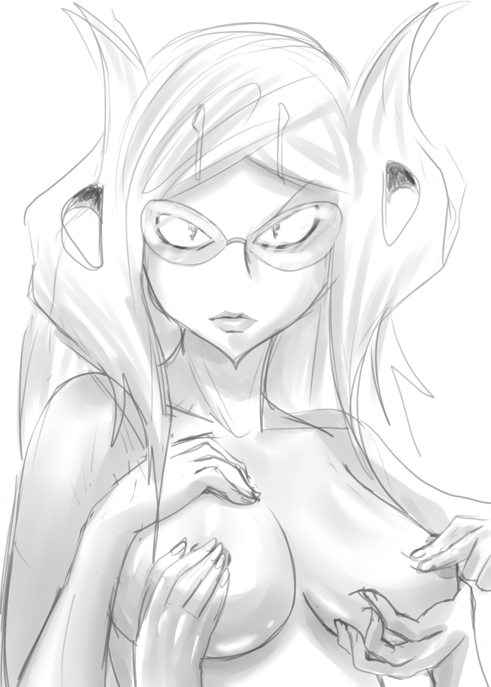 1girls areolae bare_shoulders breast_grab breast_hold breasts collar covered_nipples female_only general_grievous glasses grieve-tan hair_up hairclip half-closed_eyes hand_on_breast hand_on_chest large_breasts long_hair looking_at_viewer monochrome multi_arm multi_limb nipples no_bra nude puffy_nipples rule_63 seductive self_fondle sideboob sketch slit_pupils solo star_wars topless white_background