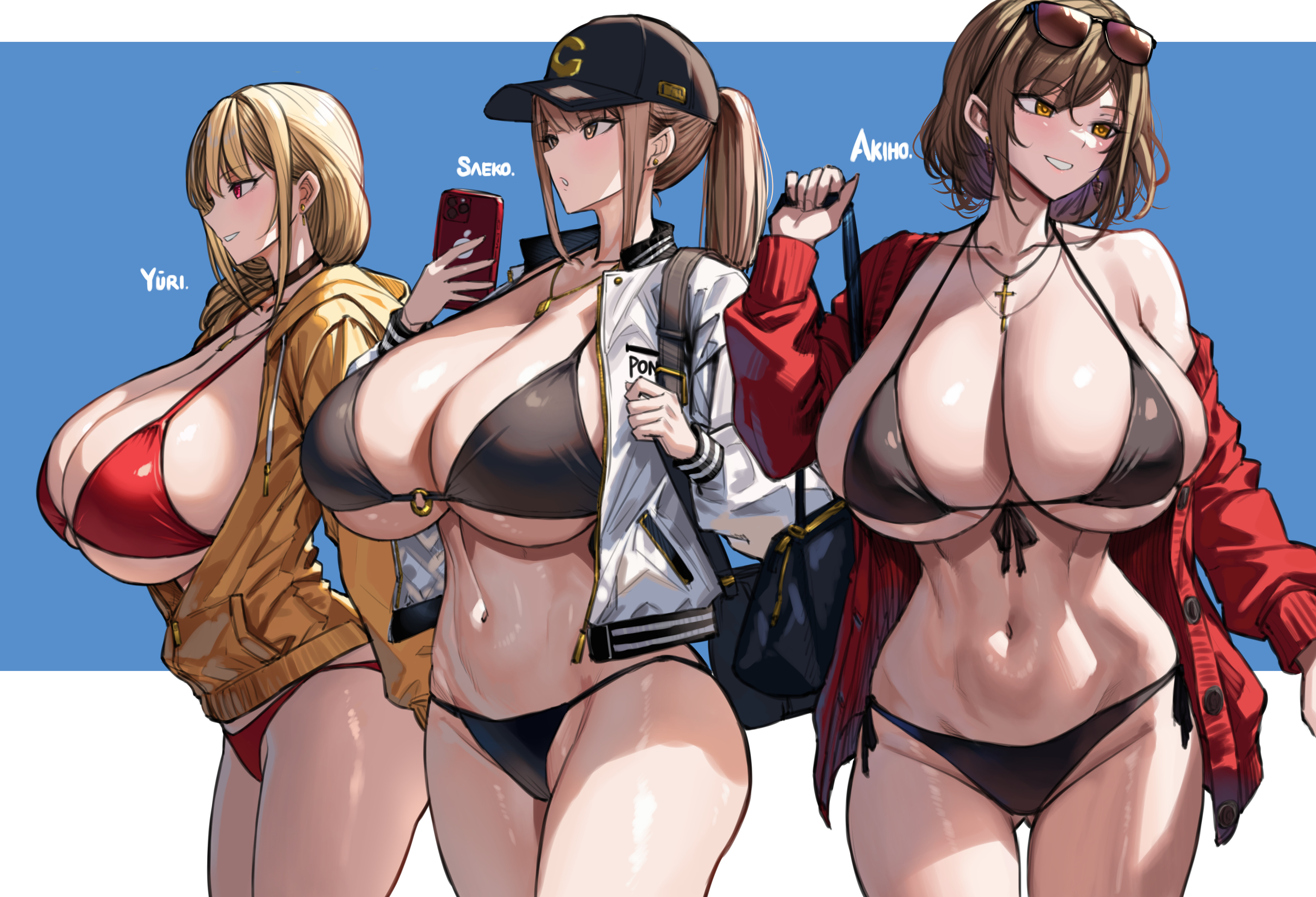 3girls, bikini, breasts, female, hat, highres, huge breasts, jacket, multiple females, multiple girls, original, sunglasses, swimsuit, wolffeld price
