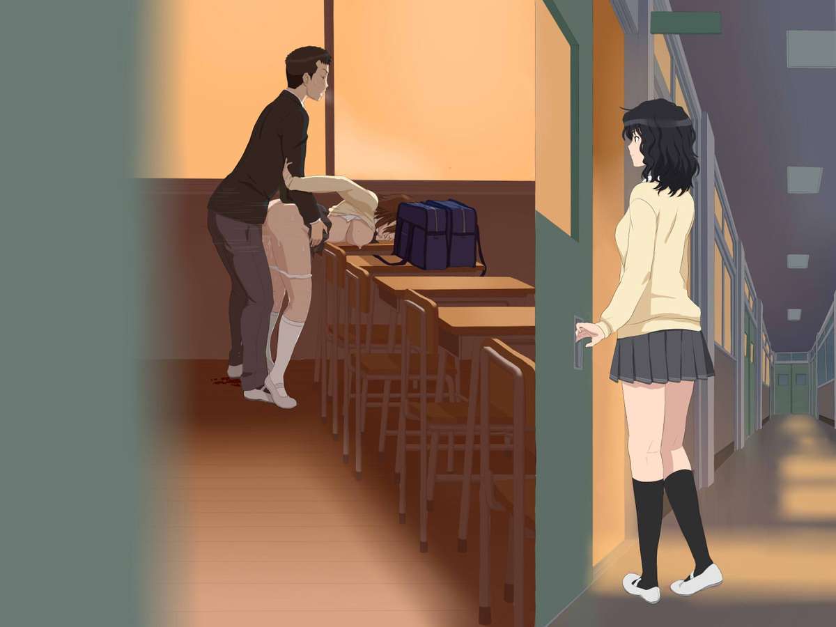 1boy 2girls amagami being_watched bent_over bent_over_desk brown_hair classroom classroom_sex clothed_sex cottage cuckquean desk doggy_style exposed_breast female_student from_behind_position larger_male panties_down sakurai_rihoko school_girl school_uniform sex shirt_up size_difference skirt_up smaller_female standing_sex student sunset taken_from_behind tanamachi_kaoru tiptoes voyeur walk-in watching