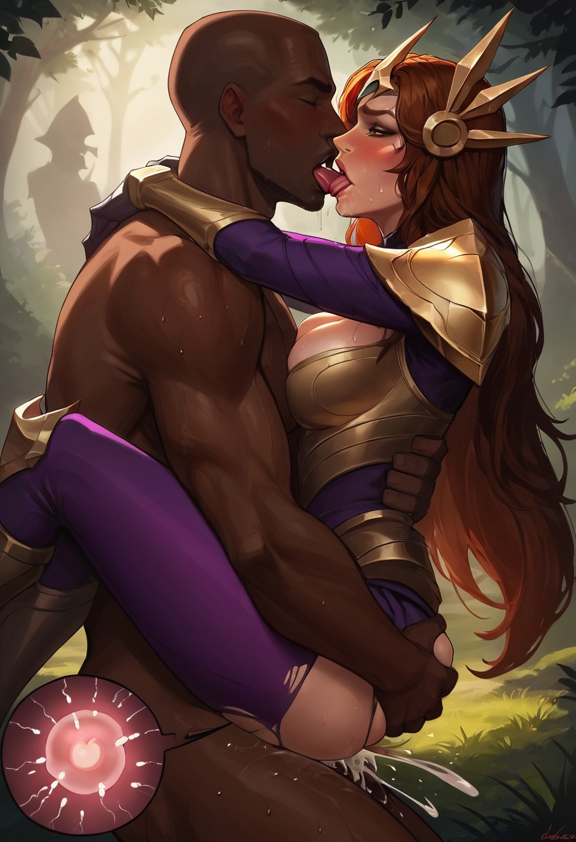 1boy, 1girls, ai generated, armor, ass, ass grab, bodysuit, breasts, breeding, carrying, carrying partner, cleavage, clothed female nude male, cum, cum in pussy, cum inside, dark skin, dark-skinned male, dreamcuc, female, fertilization, ginger, huge cock, impregnation, interracial, kissing, kissing while penetrated, league of legends, leg grab, legs up, leona (league of legends), lifting person, light skin, light-skinned female, long hair, male, outdoor sex, outdoors, penis, pussy, stand and carry position, tongue, tongue kiss, tongue out, torn clothes, vaginal penetration