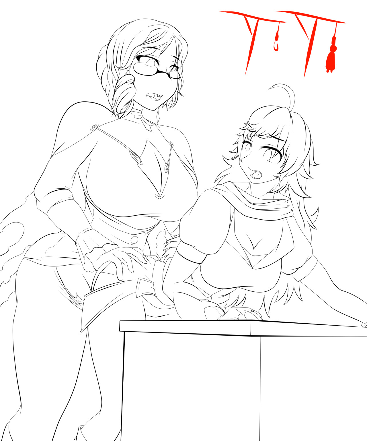 big breasts, black and white, breasts, dickgirl, doggy style, eyewear, female, futa on female, futanari, glasses, glynda goodwitch, hands on ass, human, intersex, long hair, on table, open mouth, ripped clothing, rwby, short hair, suicidetoto, very long hair, yang xiao long