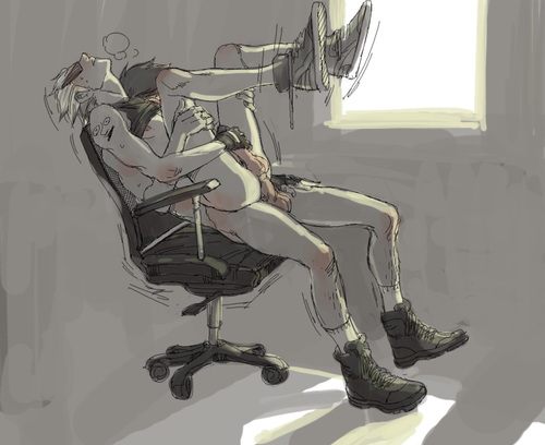 2boys anal artist_request black_hair blonde_hair blush chair clothing dirk_strider fingerless_gloves gay grey_background homestuck jake_english male masturbation ms_paint_adventures on_lap penis sex short_hair sunglasses tattoo webcomic white_skin