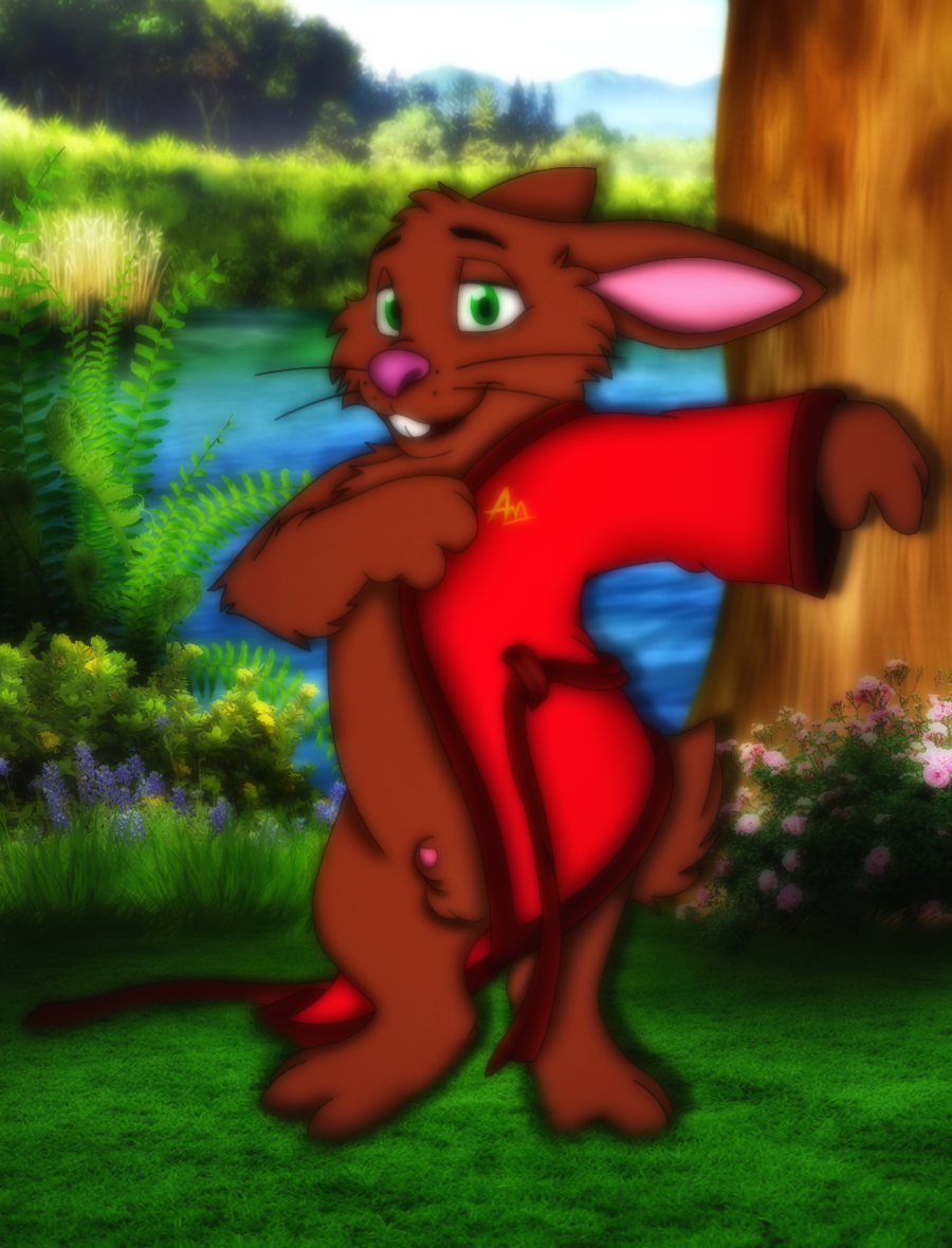 amegared anthro balls bathrobe clothing lagomorph looking_at_viewer male mammal mizzyam penis penis_tip rabbit robe semi-anthro smile solo