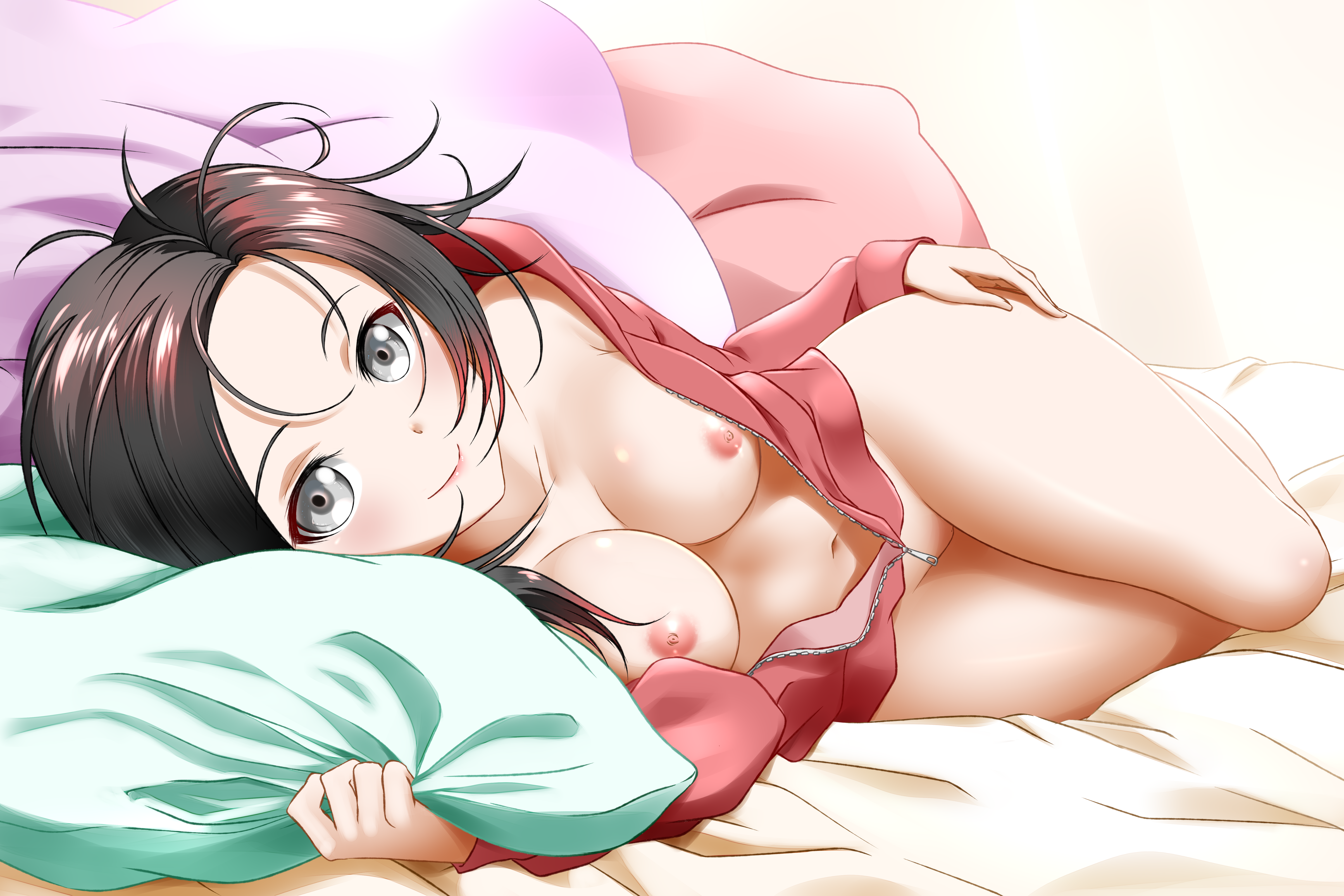 1girls, absurd res, bed, breasts, female, female only, hoodie, kimmy77, looking at viewer, lying, lying on bed, messy hair, nipples, nude, nude female, ruby rose, rwby, smile, smiling, smiling at viewer, solo female