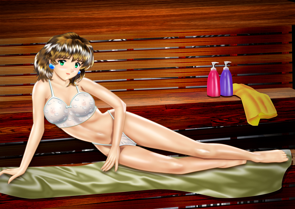 1girls agent_aika bare_arms bare_legs bare_shoulders barefoot blush bra breasts brown_hair cameltoe closed_mouth crotch delmo earrings female green_eyes highleg highleg_panties lipstick looking_at_viewer makeup medium_breasts navel nipples no_shoes on_side panties pantyshot sauna see-through short_hair solo thighs thong thong_panties towel underwear underwear_only white_bra white_delmo white_panties yuusuke_(ziyasu)