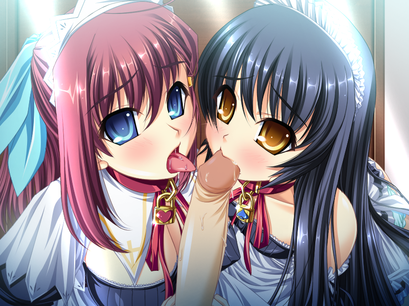 2girls black_hair blue_eyes blush breasts collar goshujinsama_daisuki multiple_girls murakumo_sakura penis red_hair shishiouin_hime tongue zettai_maou