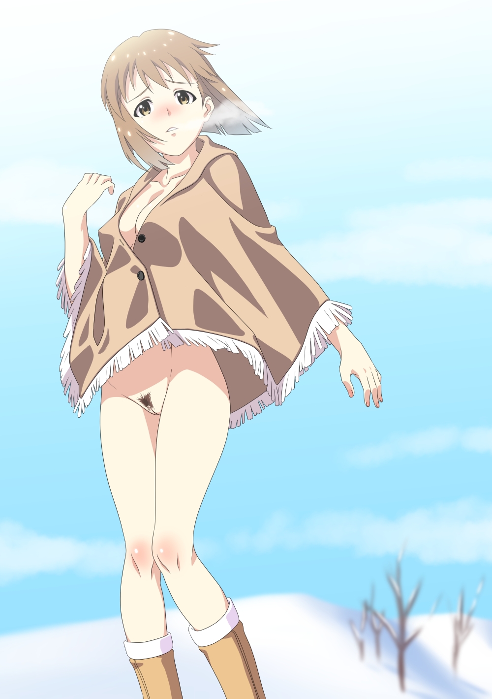 blurry blush body_blush boots bottomless breasts breath brown_eyes brown_hair cleavage cloud coat coat_only cold collarbone depth_of_field female fringe from_below hagiwara_yukiho highres idolmaster kaimu_(pixiv) looking_at_viewer naked_coat open_mouth pubic_hair pussy short_hair sky snow solo uncensored