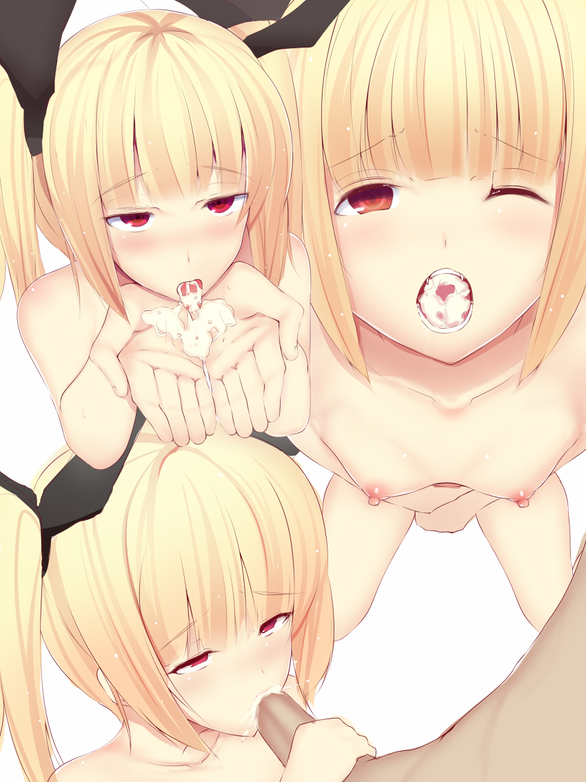 blazblue blonde_hair cum cum_in_hands cum_in_mouth daiaru fellatio female long_hair nipples nude one_eye_closed oral rachel_alucard red_eyes small_breasts tied_hair twintails