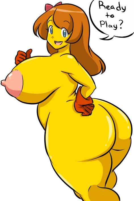 ass big_ass big_butt blue_eyes brown_hair chubby eyebrows_visible_through_hair fat female female_only hair_ribbon hand_on_hip huge_ass huge_breasts huge_nipples mostly_nude ms._pac-man namco open_mouth orange_gloves pac-man_(series) red_ribbon smile solo thick thick_thighs thumbs_up yellow_skin zeon_(pixiv722928)