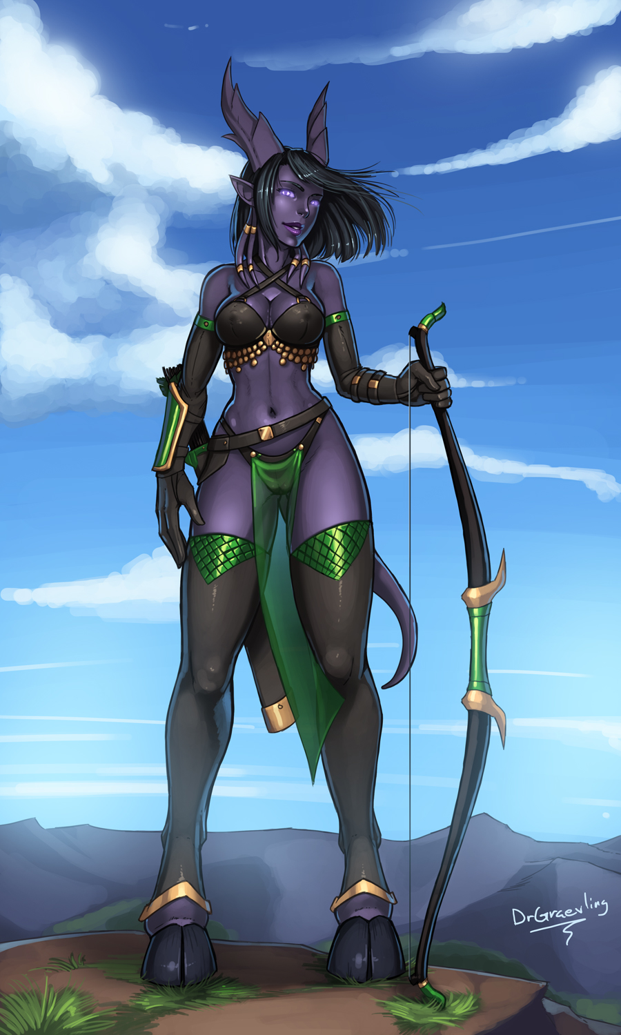 arrow, bow (weapon), bow and arrow, character request, color, dr graevling, draenei, female, female only, front view, gloves, hooves, horns, huntress, outdoors, quiver, solo, world of warcraft