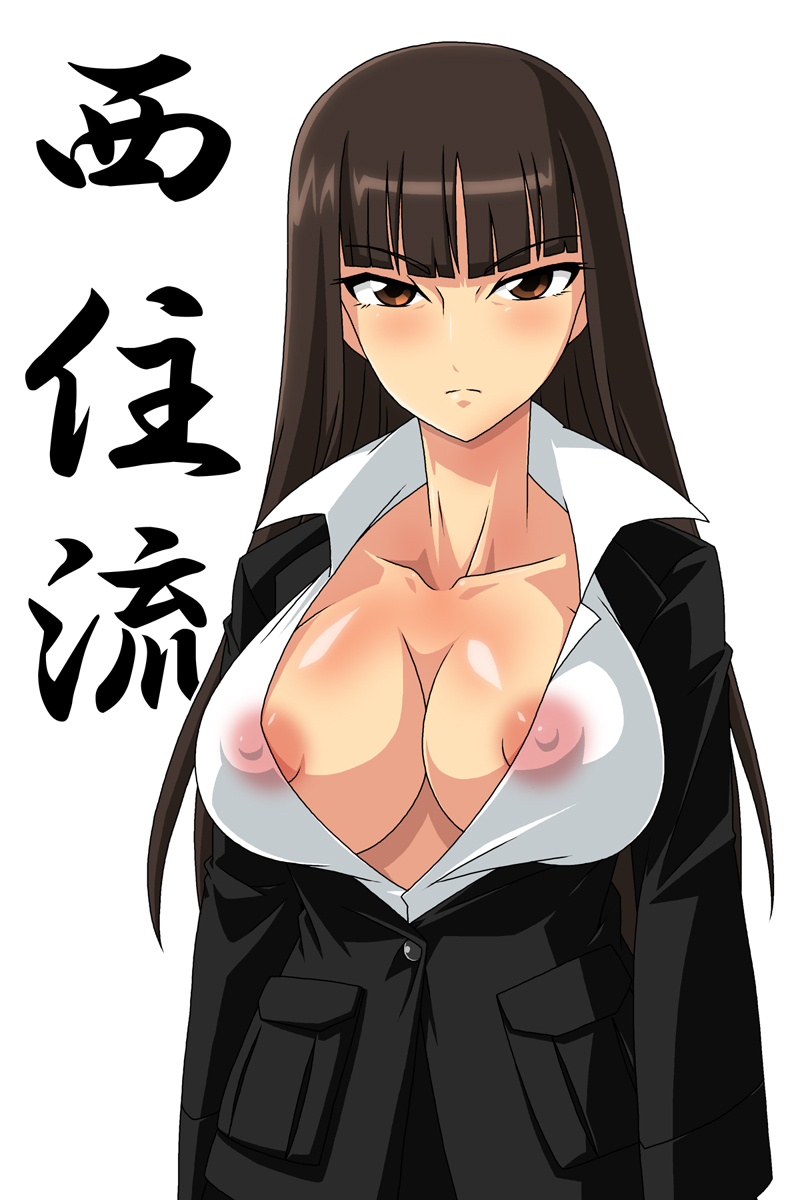 1girls areola bad_id bad_pixiv_id blush breasts busty cleavage covered_nipples girls_und_panzer looking_at_viewer mature_female milf mimizu_(tokagex) nipples nishizumi_shiho solo voluptuous