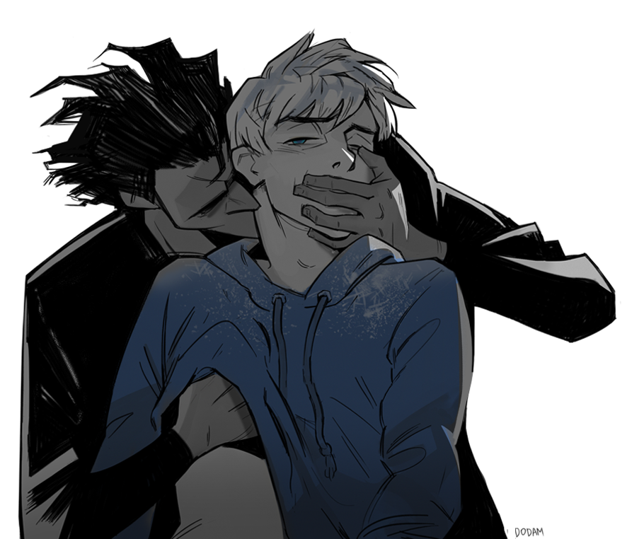 2boys black_hair blue_hooves clothed clothed_male covering_another's_mouth covering_mouth dodam gagged gay grabbing_from_behind grey_hair grey_skin hand_over_another's_mouth hand_over_mouth hand_under_clothes handgag hoodie jack_frost kissing male male_only neck neck_kiss nipple_grab pitch_black rise_of_the_guardians short_hair simple_background white_background yaoi