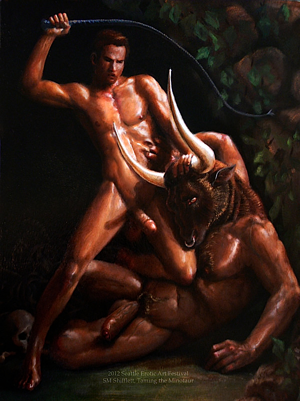 2012 2boys abs asterion balls belly_grab biceps big_penis circumcised domination erect_nipples erection fictional_interracial gay greek_mythology hand_on_head horns human male male/male male_on_male male_only minotaur muscles naked nose_piercing nose_ring painting_(artwork) pecs penis s.m._shifflett theseus uncut whip