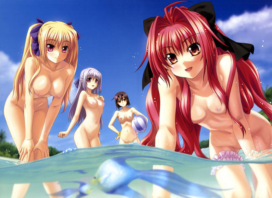 4girls beach beach_ball blonde_hair breasts cleavage corticarte_apa_lagranges fish hyperdimension_neptunia kannatsuki_noboru multiple_girls nude_filter ocean photoshop red_hair shinkyoku_soukai_polyphonica tsuge_eufinley uncensored water wet yugiri_perserte yugiri_princesca