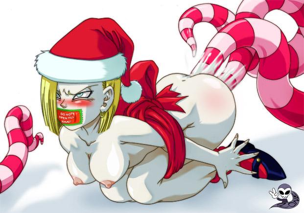 anal, anal penetration, anal sex, android 18, bondage, bound, breasts, christmas, dragon ball, dragon ball z, female, gag, gagged, light skin, light-skinned female, mary janes, nipples, nude, pale skin, pale-skinned female, pussy, rape, ribbon, sex, straight hair, tape, tape gag, taped mouth, tentacle, tentacle rape, vaginal penetration, writing on tape, zone