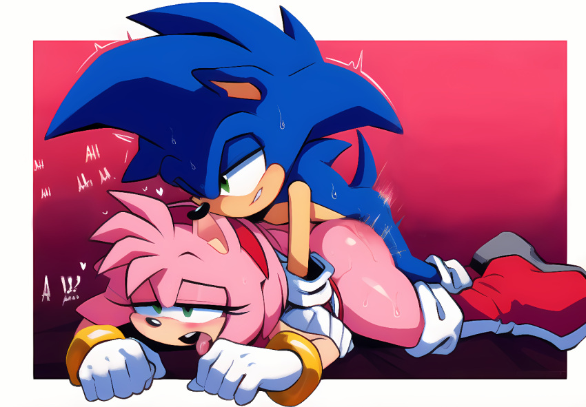 1boy, 1girls, ai generated, ambiguous penetration, amy rose, anthro, anthro on anthro, biting lip, exclamation point, female, hedgehog, male, sega, sex, sonic (series), sonic the hedgehog, sonic the hedgehog (series), thrusting, tongue, tongue out