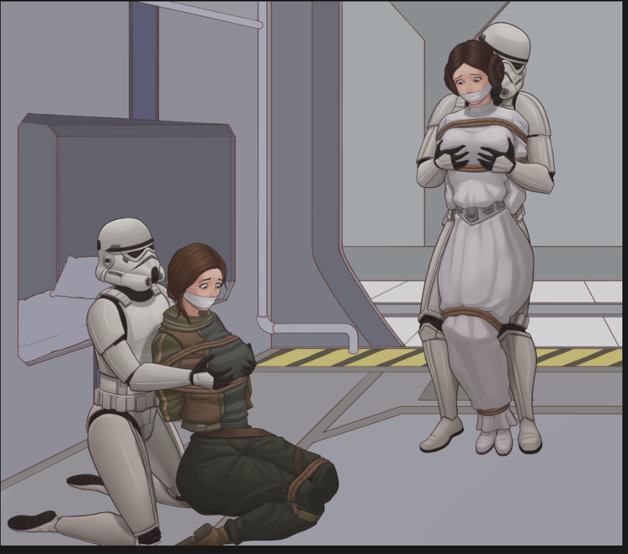 a_new_hope bondage breast_grab breast_grab_from_behind gag gagged jyn_erso mcmufett princess_leia_organa restrained rogue_one:_a_star_wars_story rope_bondage star_wars stormtrooper