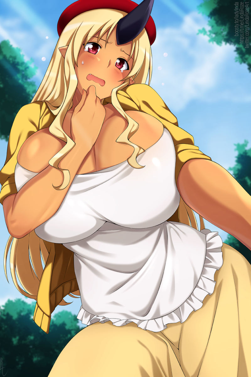 1girls 2024 big_breasts blonde_hair blush breasts_pressed_together cleavage clothed clothing embarrassed female female_only headwear hi_res horn huge_breasts lindaroze long_hair looking_at_viewer monster_girl monster_musume_no_iru_nichijou ogre ogre_girl red_eyes solo tionishia_(monster_musume)