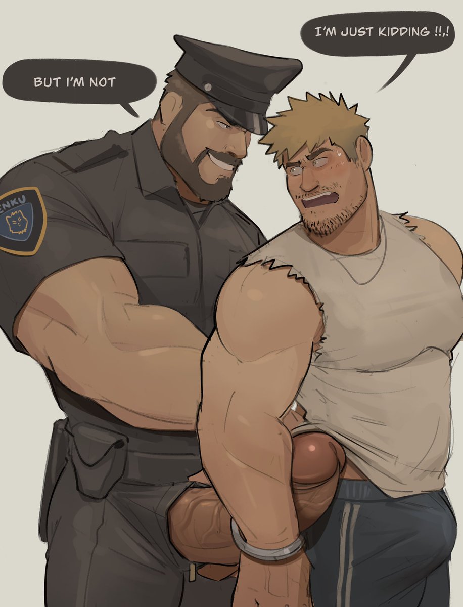 balls bara beard big_penis blush boner erection facial_hair gay handcuffs kenkudog male male_only muscles muscular penis penis_out police speech_bubble