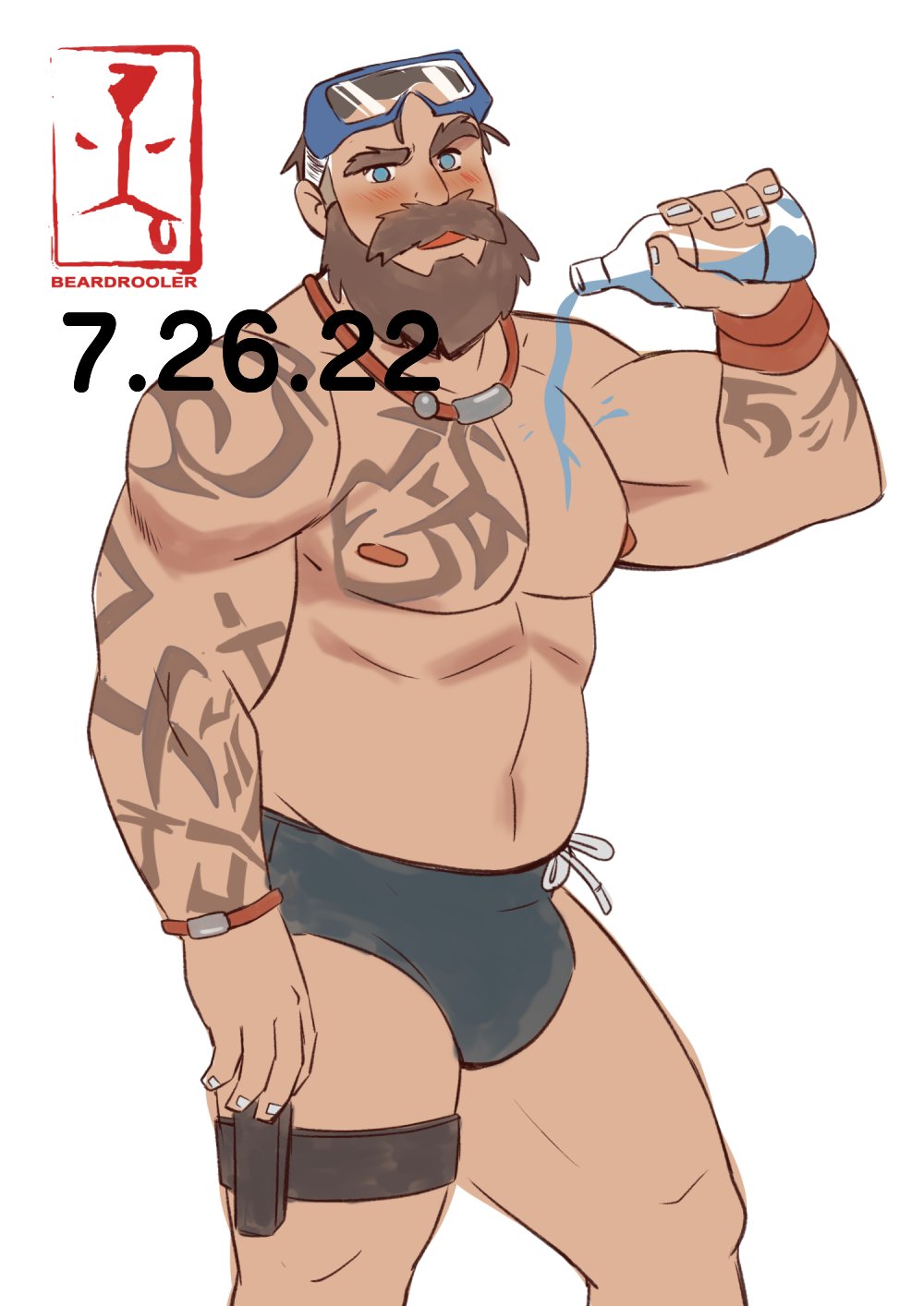 1boy bara beard blue_eyes brown_hair bulge destroyer_(ni_no_kuni) dilf facial_hair looking_at_viewer male male_only muscular muscular_male ni_no_kuni ni_no_kuni_cross_worlds solo solo_focus solo_male speedo standing swimwear water water_bottle