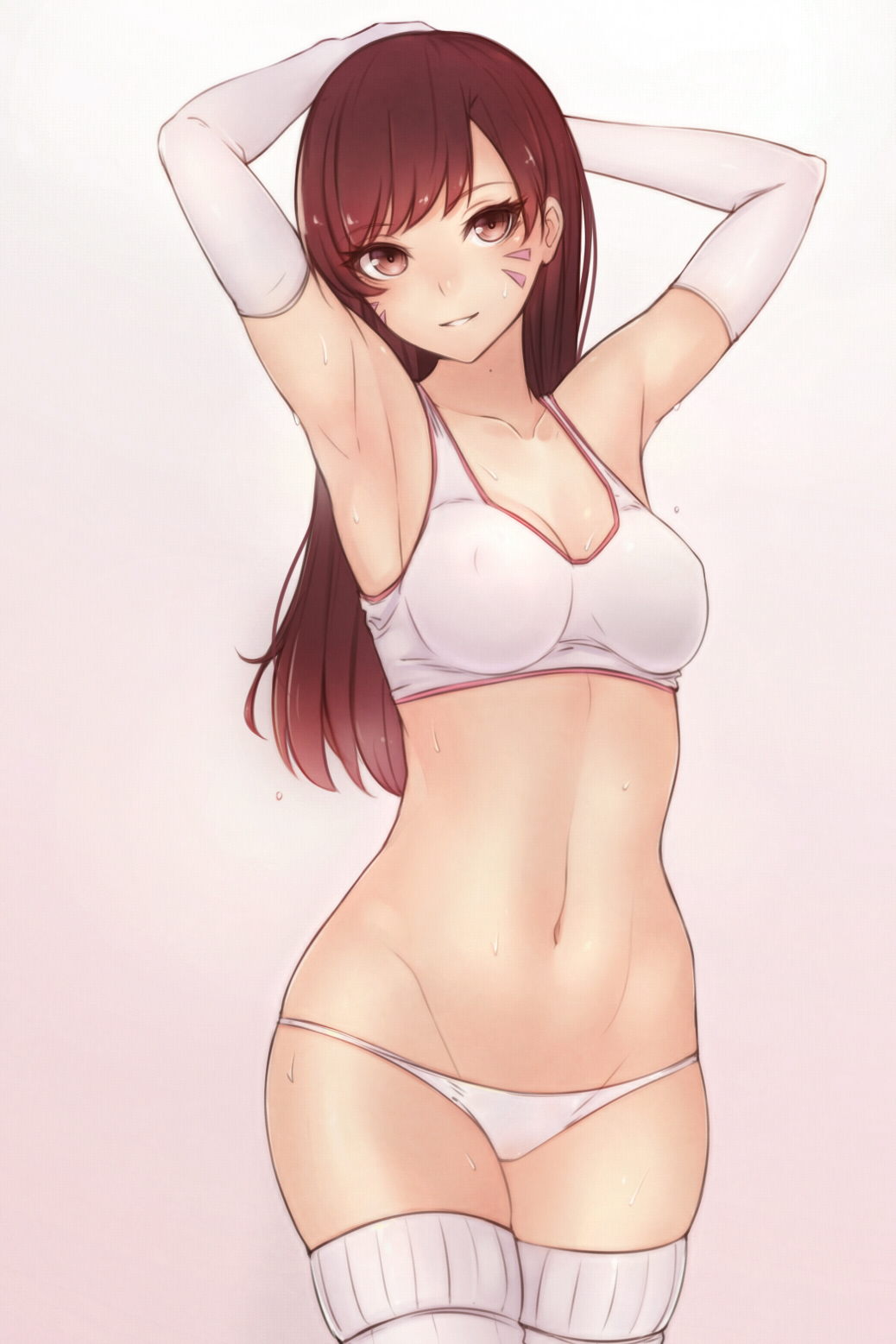 1girls, 2d, armpits, arms up, arms up pose, bangs, bluefield, blush, bra, breasts, brown eyes, brown hair, cleavage, d.va, elbow gloves, facial mark, female, female only, gloves, hips, lingerie, long hair, looking at viewer, navel, overwatch, panties, parted lips, plain background, simple background, smile, solo, sports bra, standing, sweat, thighhighs, underwear, whisker markings, white gloves, white panties
