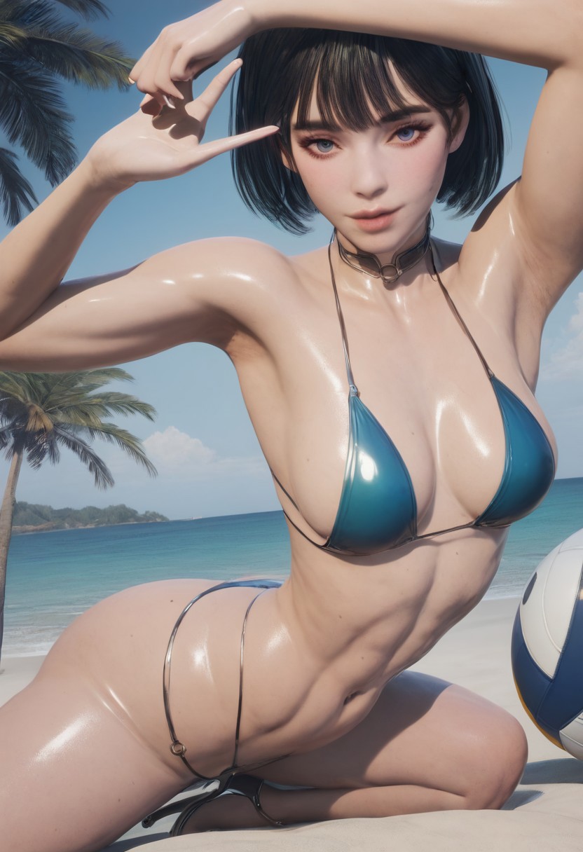 ai_generated beach beautiful_background bikini blue_eyes brown_hair heels oiled short_hair summer the_first_descendant valby_(the_first_descendant) volleyball