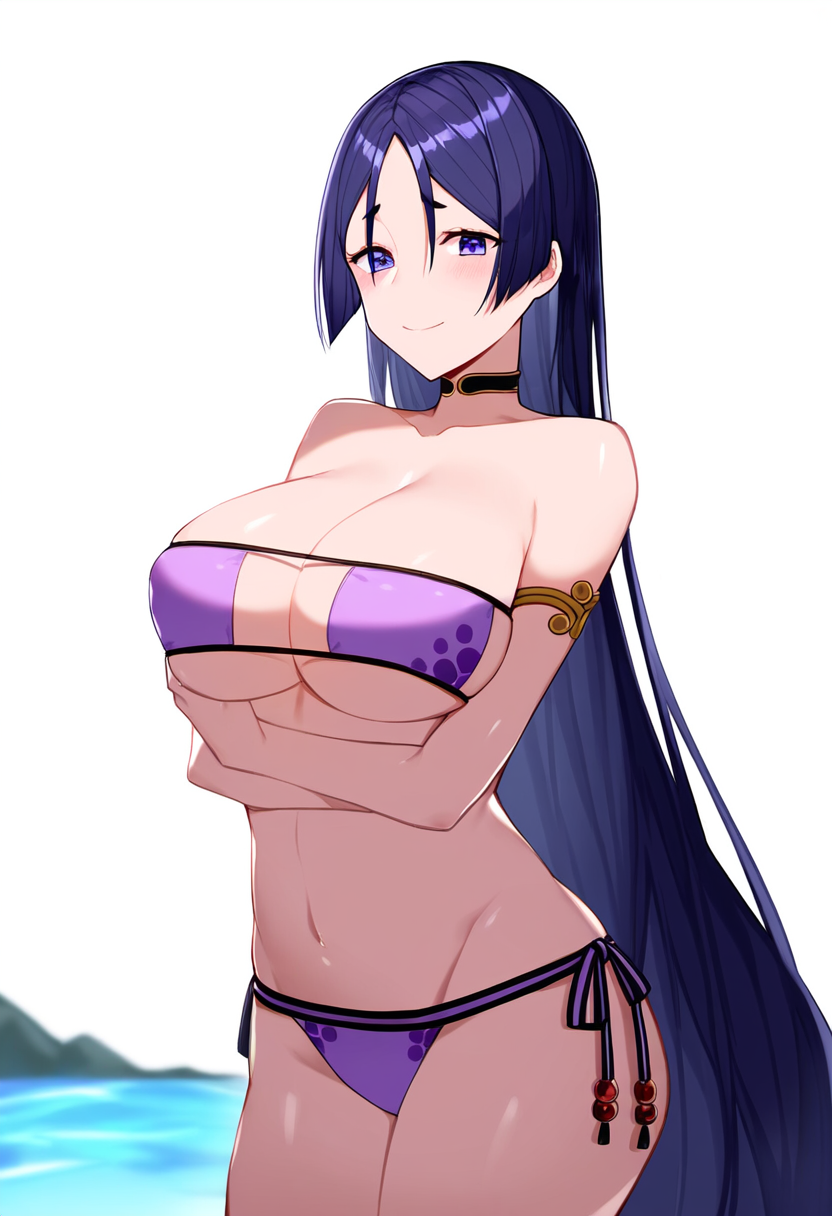 ai_generated big_breasts bikini bikini_bottom bikini_top breasts center_opening fate/grand_order fate_(series) female keinovelnovelai minamoto_no_raikou_(fate) minamoto_no_raikou_(fate/grand_order) purple_eyes purple_hair purple_swimsuit purple_swimwear solo swimsuit swimwear type-moon