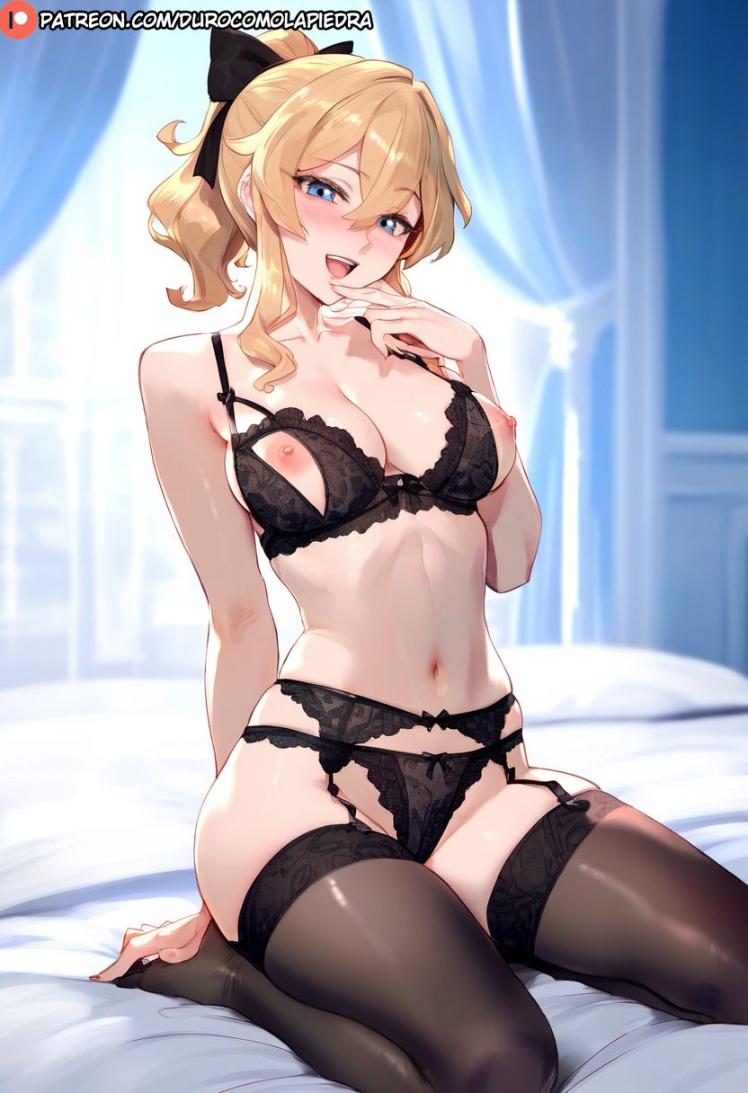 1girls ai_generated bedroom dclp garter_belt garter_straps genshin_impact jean_gunnhildr kneeling lace-trimmed_bra lace-trimmed_panties lingerie on_bed smile thighhighs