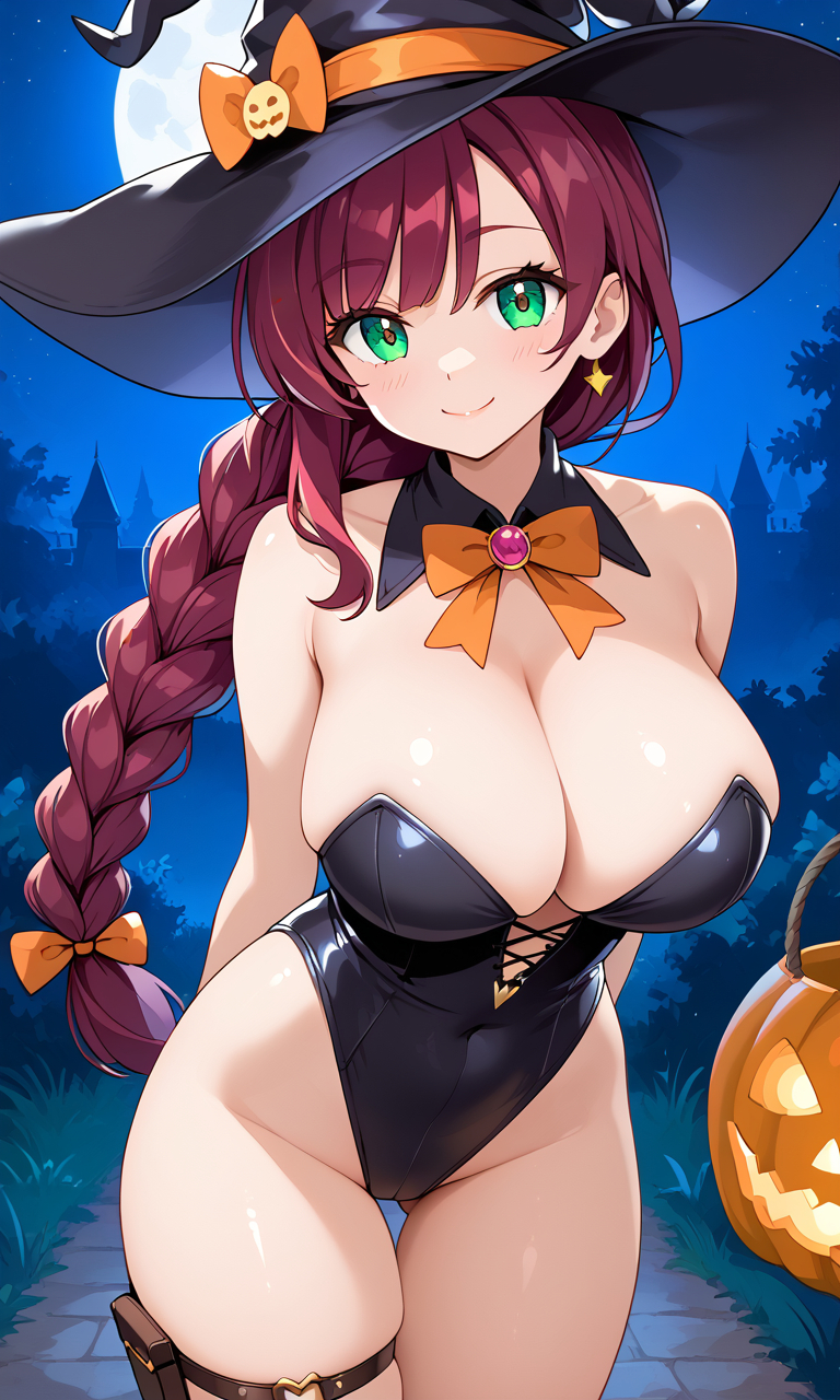 1girls aged_up ai_generated alternate_body_type alternate_breast_size big_breasts breasts chloe_(pokemon) cleavage collarbone female female_focus female_only game_freak green_eyes halloween halloween_costume huge_breasts human large_breasts light-skinned_female light_skin nintendo pokemon pokemon_journeys purple_hair revealing_clothes ryuzam sideboob skimpy skimpy_clothes smile solo upper_body witch witch_costume witch_hat