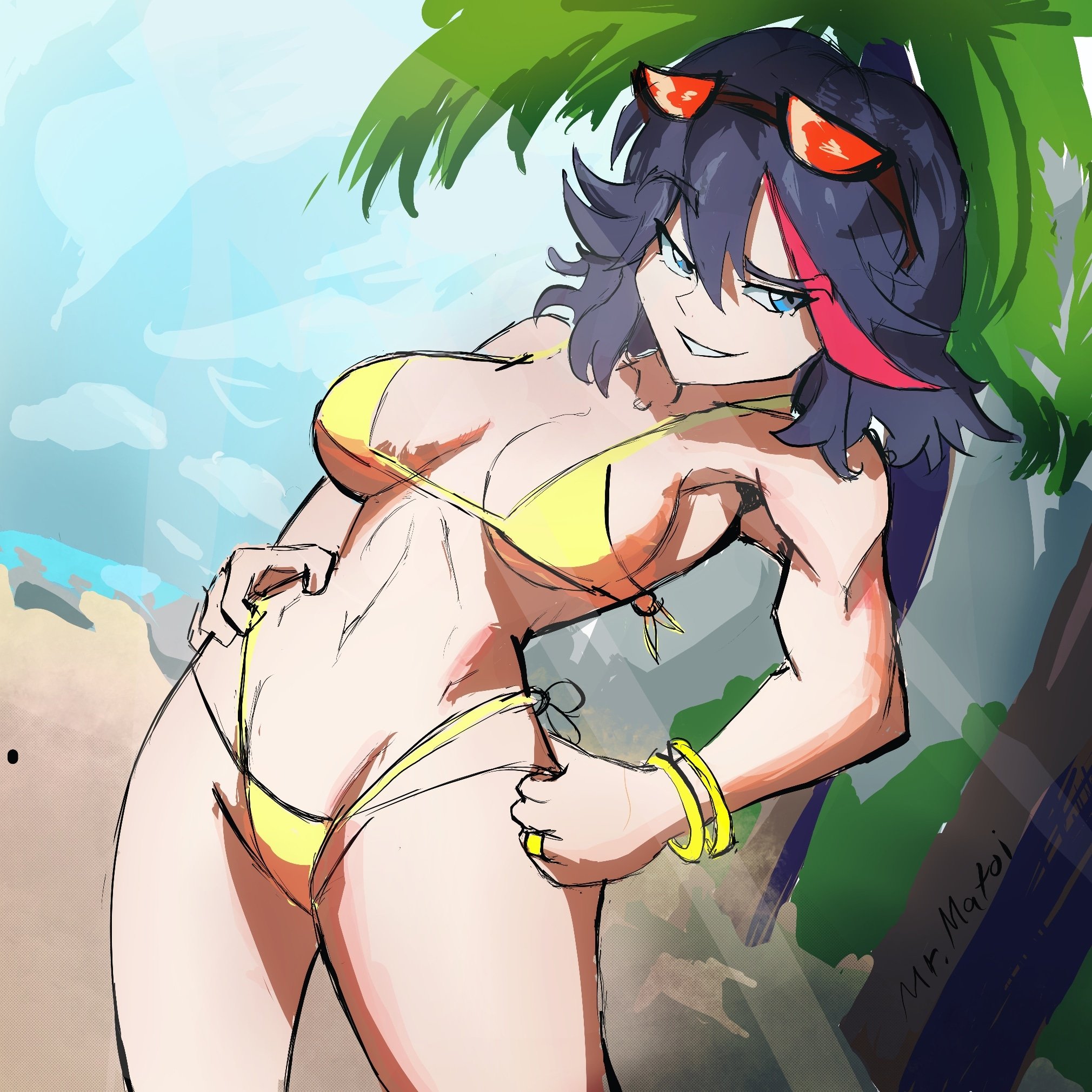 1girls, black hair, black-haired female, breasts, female, female only, kill la kill, matoi ryuuko, ryukoshusbando, short hair, solo, swimsuit, tagme