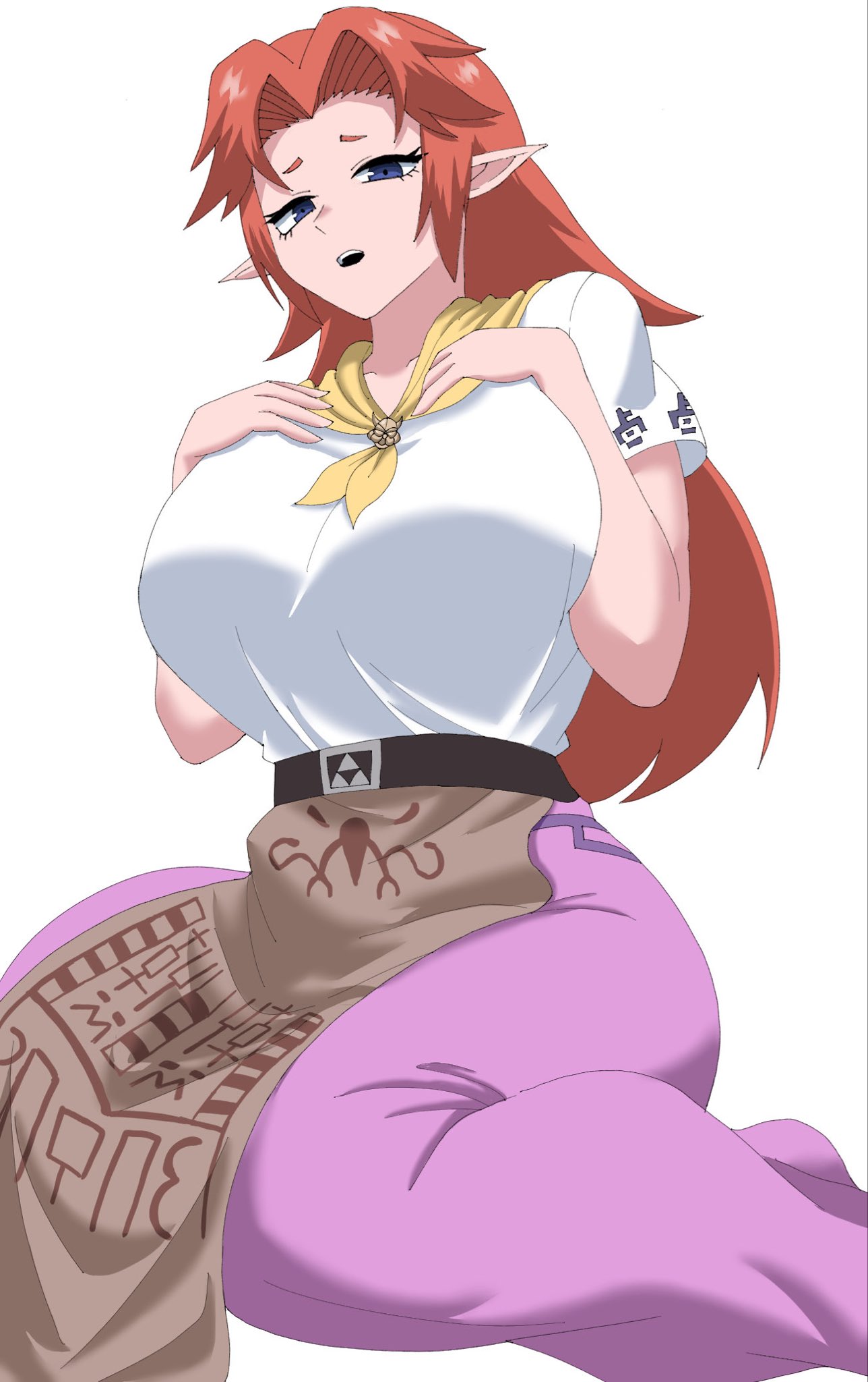 apron, belt, blue eyes, breasts, cremia, female, female focus, female only, highres, huge breasts, kneeling, long hair, looking at viewer, majora's mask, malon, nekomedero, nintendo, ocarina of time, pointy ears, red hair, solo, the legend of zelda