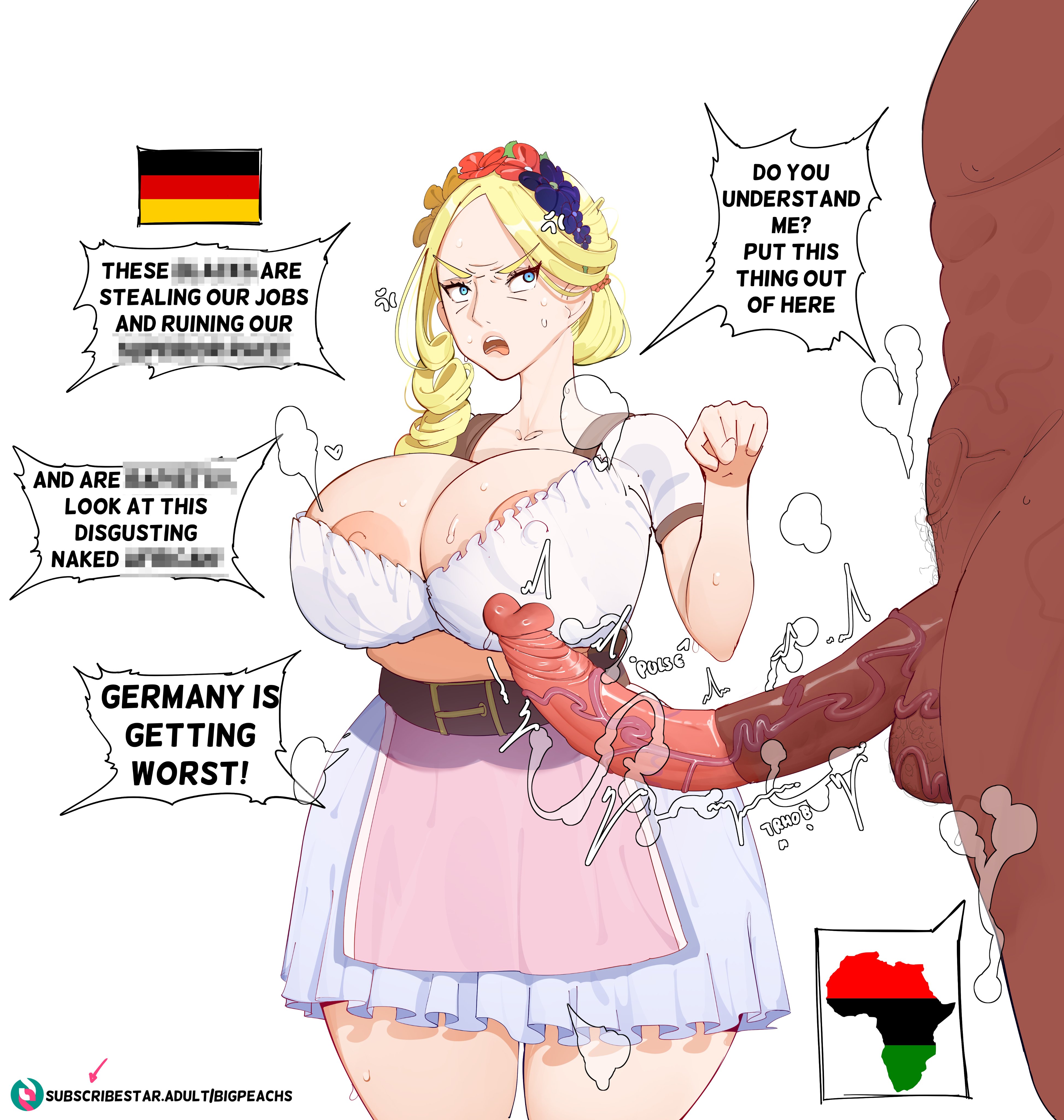 1boy, 1girls, before sex, big breasts, big penis, bigpeachs, blonde hair, blue eyes, breasts, censored, censored text, cleavage, clothed female nude male, dark skin, dark-skinned male, dialogue, dress, english text, erection, female, german, german female, has uncensored version, huge breasts, huge cock, human, interracial, large breasts, larger male, light skin, light-skinned female, male, male/female, mosaic censoring, muscular, muscular male, nipple bulge, nipple slip, original, original character, penis, raceplay, racism, racist, revealing clothes, simple background, size difference, smaller female, text, white background