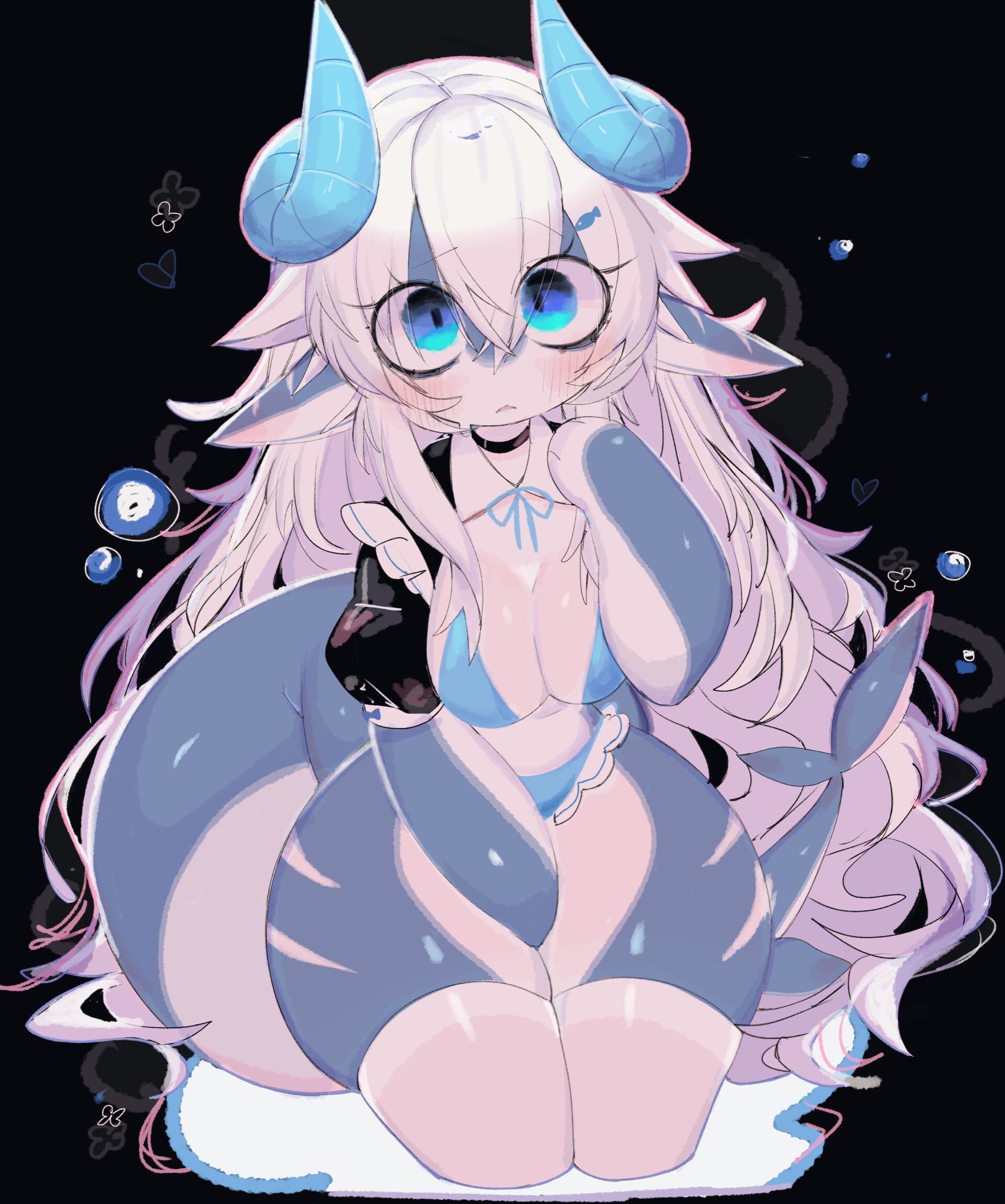 1girls, anthro, black background, blue body, blue eyes, blush, breasts, cleavage, dragon, dragon horns, female, female only, hi res, horns, hybrid, long hair, looking at viewer, marine, messy hair, original, original character, pointy ears, shark, shark tail, soda (soda uyu), solo, tail, thick thighs, thighhighs, thighs, two-tone body, usa37107692, white body, white hair, white stockings, wide hips