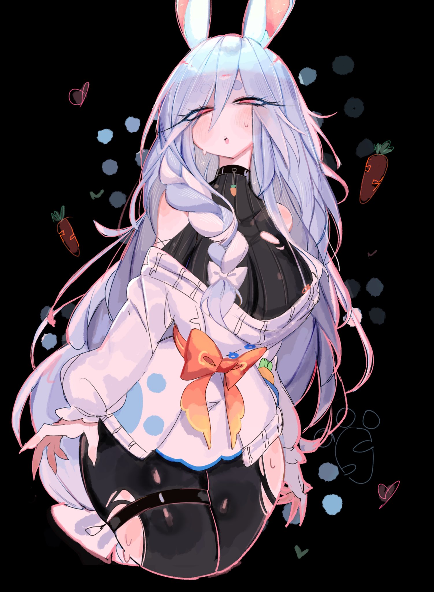 1girls, black background, blue hair, blush, braid, bunny ears, bunny girl, female, female only, hi res, hololive, hololive japan, long hair, looking at viewer, milf, narrowed eyes, pantyhose, pekomama, red eyes, solo, torn pantyhose, usa37107692, virtual youtuber