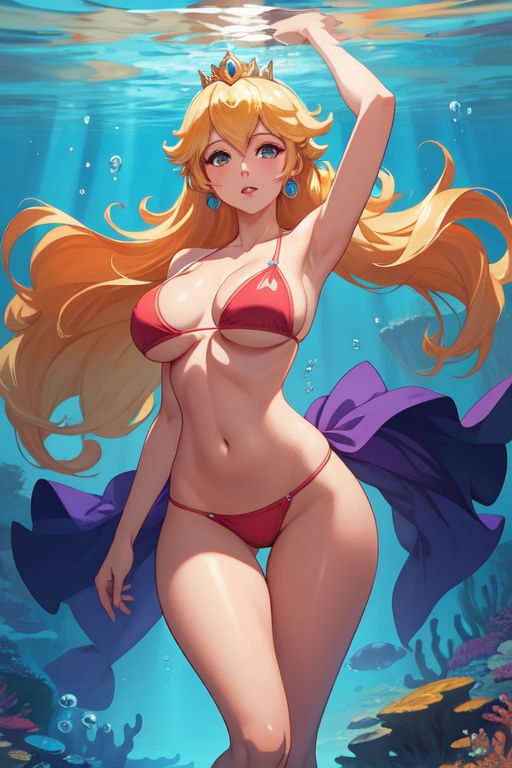 1girls ai_generated big_breasts bikini breasts cartoolover female mario_(series) navel nintendo ocean princess_peach red_bikini red_swimsuit sea solo super_mario_bros. swimsuit underwater water